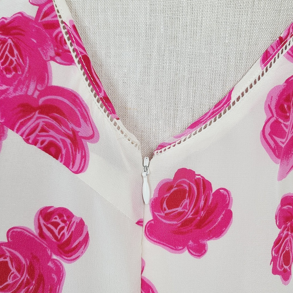 Moulinette Soeurs Pink Silk Shift Dress Floral‎ Pleated Neckline Knee Length 10 - Picture 3 of 8